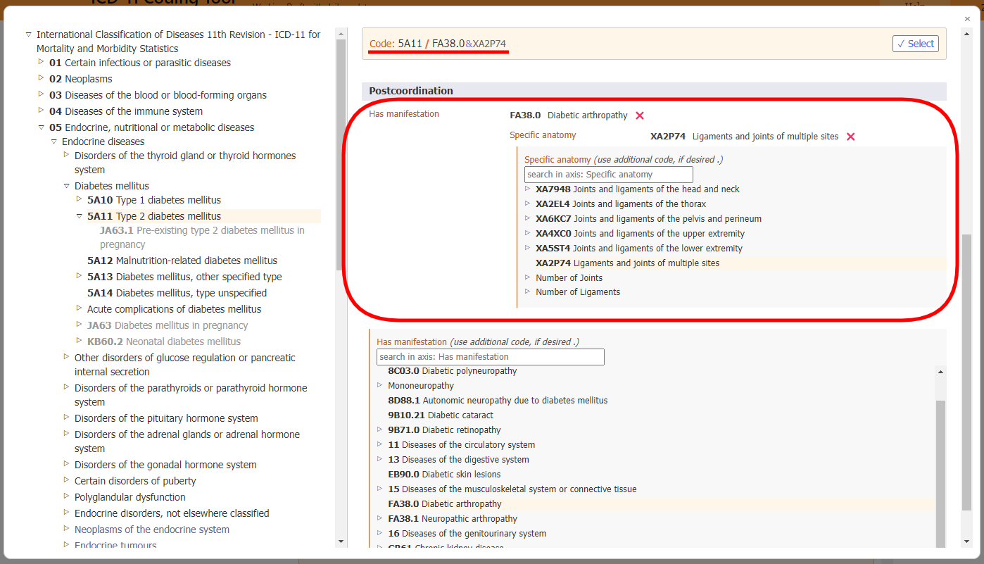 screenshot of Coding Tool nested postcoordination