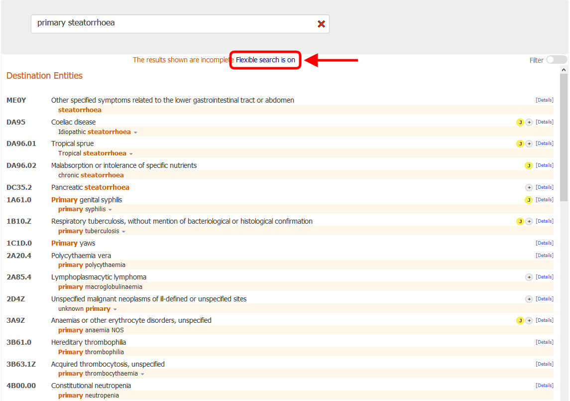 screenshot of Coding Tool flexible search results